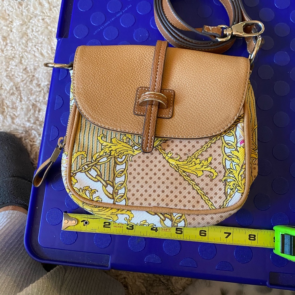 Tignanello yellow, white and tan canvas/leather crossbody, excellent condition.